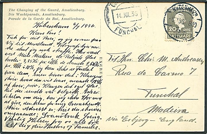 20 øre H.C.Andersen på brevkort fra København d. 6.7.1935 til Funchal, Madeira. Påskrevet: via Esbjerg-England og ank.stemplet i Funchal d. 14.7.1935.
