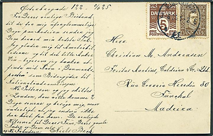 5 øre Bølgelinie og 20 øre Chr. X postjubilæum på brevkort fra Kjøbenhavn d. 3.6.1925 til Funchal, Madeira.