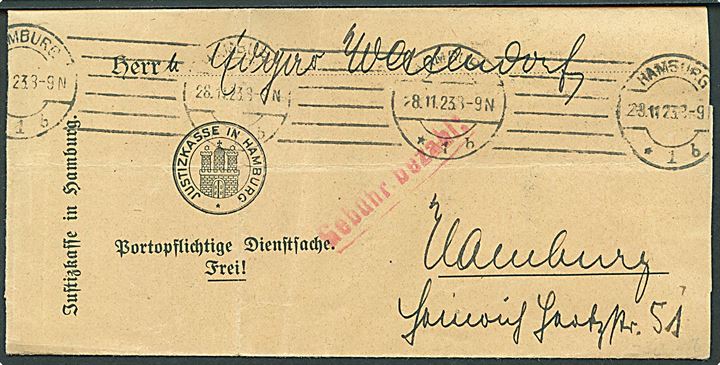 Ufrankeret lokalt infla tjenestebrev sendt i Hamburg d. 29.11.1923. Rødt liniestempel: Gebühr bezahlt. Fold.