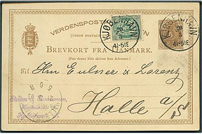 6 øre helsagsbrevkort opfrankeret med 4 øre Tofarvet annulleret med lapidar Kjøbenhavn d. 20.3.1885 til Halle, Tyskland.