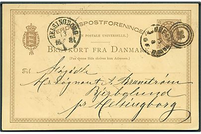 6 øre helsagsbrevkort annulleret med kombineret nr.stempel 34/Kjøbenh. Baneg. d. 13.8.1881 til Helsingborg, Sverige.