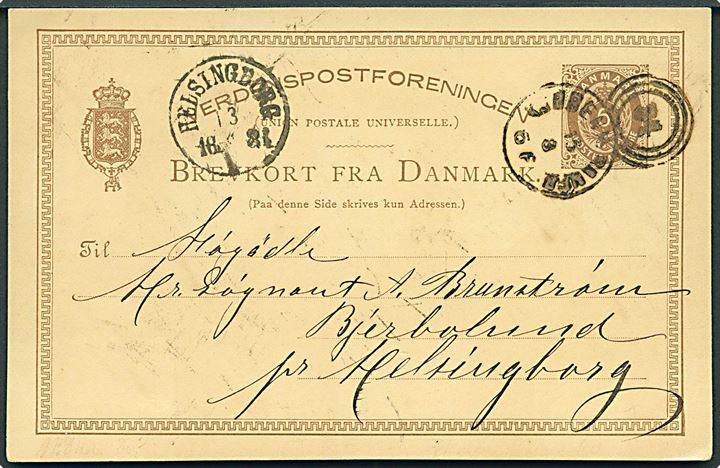 6 øre helsagsbrevkort annulleret med kombineret nr.stempel 34/Kjøbenh. Baneg. d. 13.8.1881 til Helsingborg, Sverige.