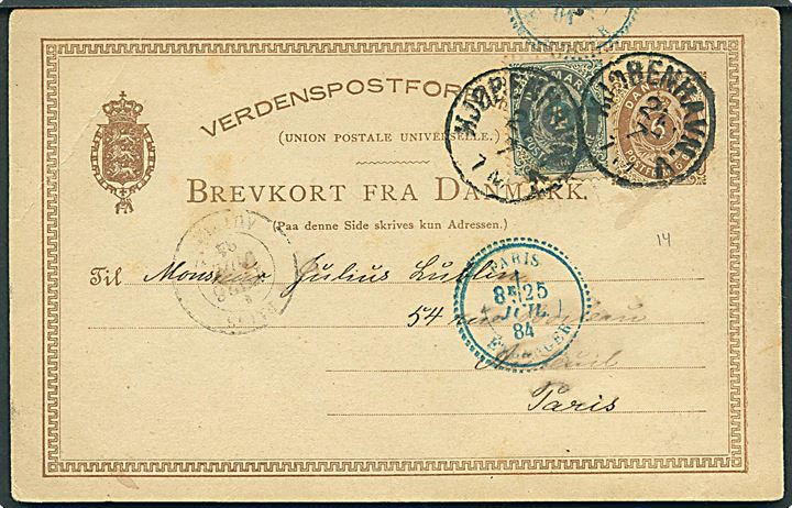 6 øre helsagsbrevkort opfrankeret med 4 øre Tofarvet annulleret lapidar Kjøbenhavn V. d. 21.7.1884 til Paris, Frankrig.