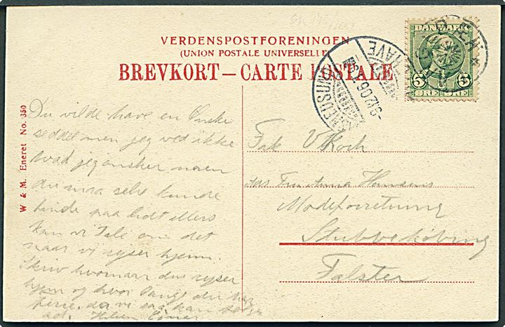 5 øre Chr. IX på brevkort (Vintersbølle Badepensionat pr. Vordingborg) annulleret med stjernestempel LANGEBÆK og sidestemplet bureau Masnedsund - Kallehave T.9 d. 9.12.1906 til Stubbekjøbing.