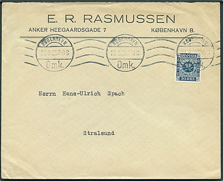 30 øre Frimærkejubilæum på brev fra København d. 23.9.1926 til Stralsund, Tyskland.