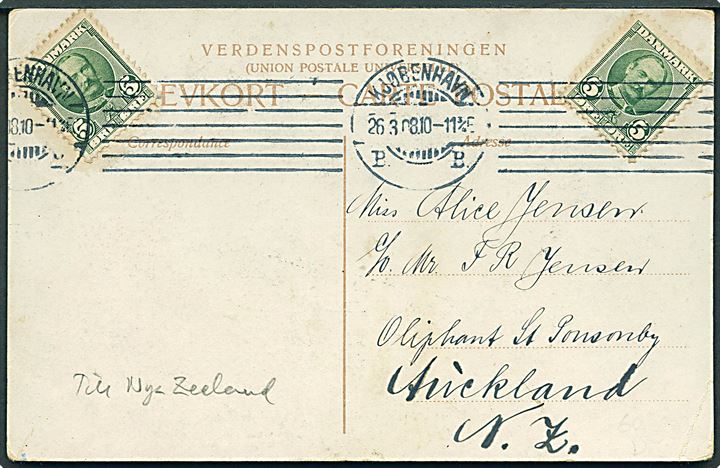 5 øre Fr. VIII (2) på brevkort fra Kjøbenhavn d. 26.3.1908 til Auckland, New Zealand. God destination.