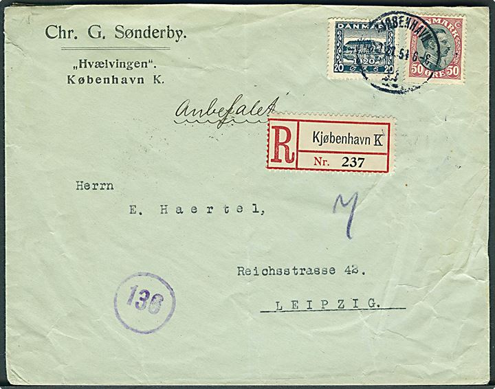 20 øre Genforening og 50 øre Chr. X på anbefalet brev fra Kjøbenhavn d. 6.9.1921 til Leipzig, Tyskland.
