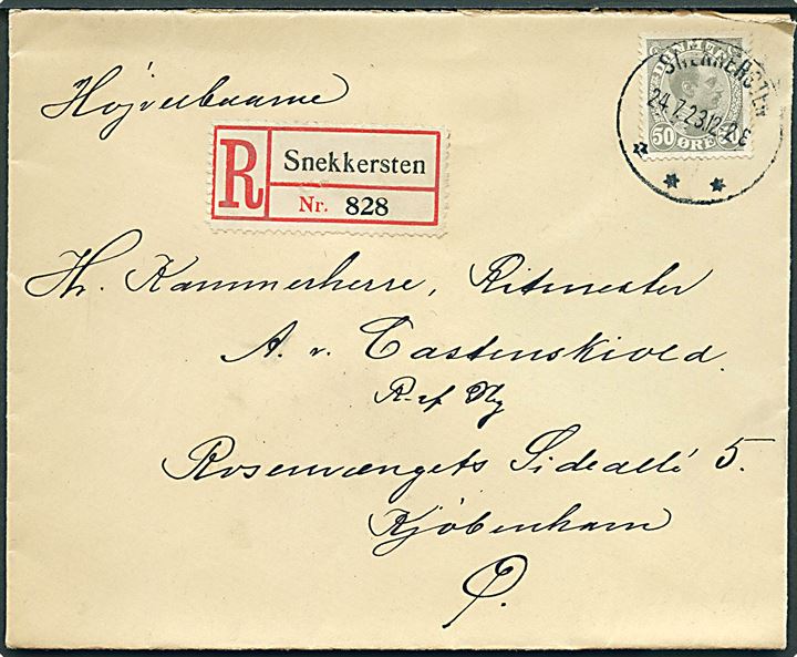 50 øre Chr. X single på anbefalet brev fra Snekkersten d. 24.7.1923 til København.