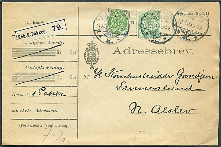 5 øre Våben og 25 øre Tofarvet på adressebrev for pakke fra Kjøbenhavn d. 19.6.1903 til Nørre Alslev.