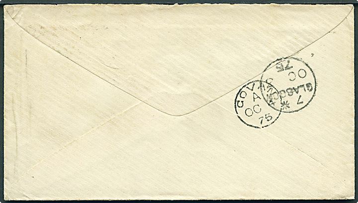 20 øre Tofarvet tryl 1a omv. rm. på brev annulleret med lapidar Kjøbenhavn d. 30.9.1875 via Glasgow til Covan, Scotland. Ank.stemplet d. 4.10.1875. AFA: 1400,-