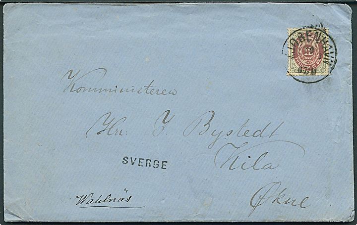 12 øre Tofarvet på brev annulleret med lapidar Kiøbenhavn d. 29.10.1876 til Kila, Økne, Sverige. Sort liniestempel SVERGE.