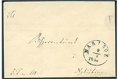 1854. Ufrankeret tjenestebrev mærket K.T.m.A. med 1½ ringsstempel Maribo. d. 9.2.1854 til Nykjobing. På bagsiden laksegl: Fuglse Herreds Provsties Segl.