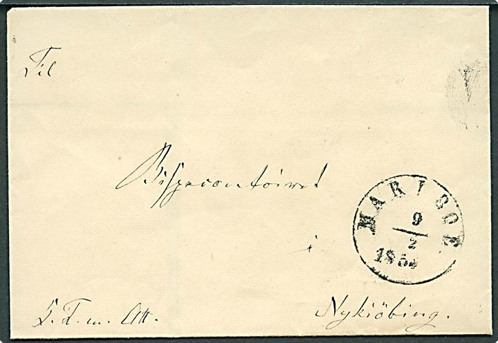1854. Ufrankeret tjenestebrev mærket K.T.m.A. med 1½ ringsstempel Maribo. d. 9.2.1854 til Nykjobing. På bagsiden laksegl: Fuglse Herreds Provsties Segl.