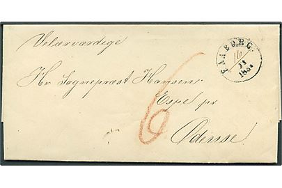 1853. Portobrev fra Sallinge Herredskontor med 1½ ringsstempel Faaborg. d. 16.11.1853 (delvis håndskrevet dato) til Espe pr. Odense. Påskrevet 6 porto. Fuldt indhold.