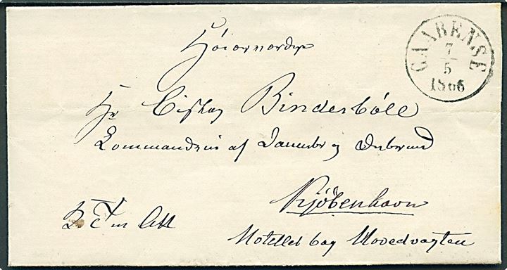 1866. Ufrankeret tjenestebrev mærket K.T.m.A. med antiqua Gaabense d. 7.5.1866 til Biskop Bindesbøll i Kjøbenhavn. 
