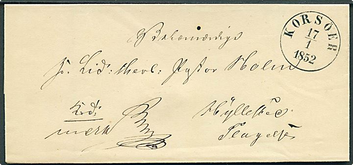1852. Ufrankeret tjenestebrev fra Korsør Amtsstue mærket K.T. med antiqua Korsör d. 17.1.1852 til Hyllested pr. Slagelse.