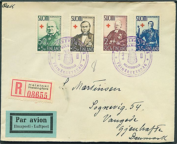 Komplet sæt Røde Kors udg. på anbefalet luftpost FDC annulleret med særstempel i Helsingfors d. 5.1.1938 til Gentofte, Danmark.