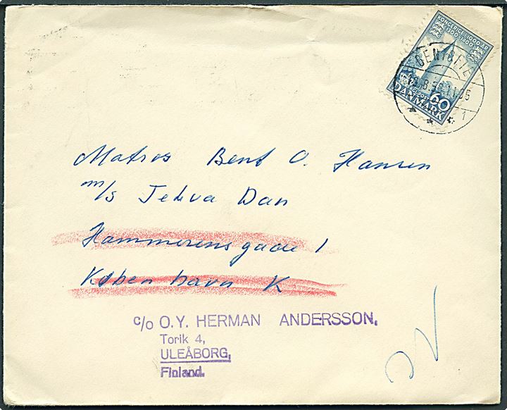 60 øre 1000 års udg. på brev fra Gentofte d. 19.8.1959 til sømand ombord på M/S Jelva Dan via rederiadresse i København - eftersendt til Uleåborg, Finland.