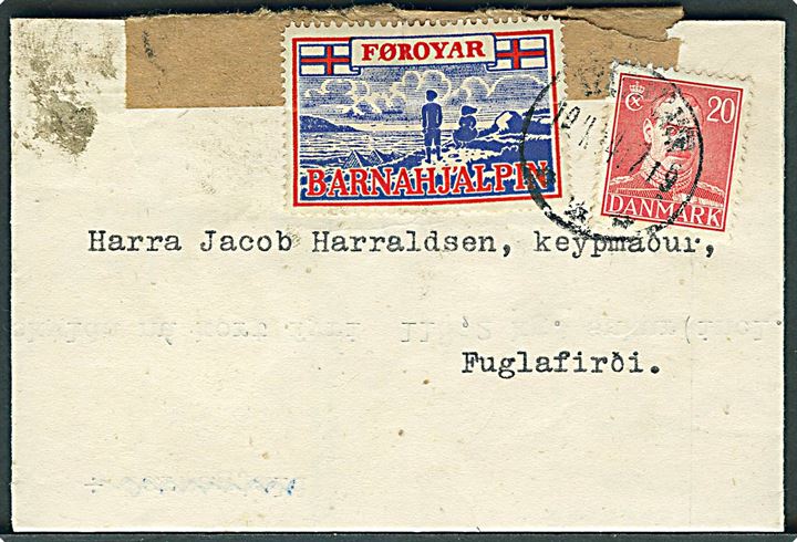 20 øre Chr. X og Føroyar Barnahjálpin mærkat på lille foldebrev fra Færøernes Offentlige Vareforsyning i Thorshavn d. 19.4.1944 til Fuglefjord.