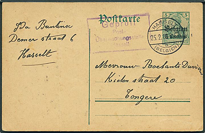 Tysk post i Belgien. 5 c./5 pfg. Belgien provisorisk helsagsbrevkort fra Hasselt d. 25.2.1916 til Tongere. Lokal censur i Hasselt.