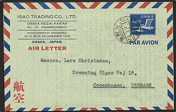 62 yen helsags aerogram fra Osaka d. 15.12.1949 via Oslo til København, Danmark.