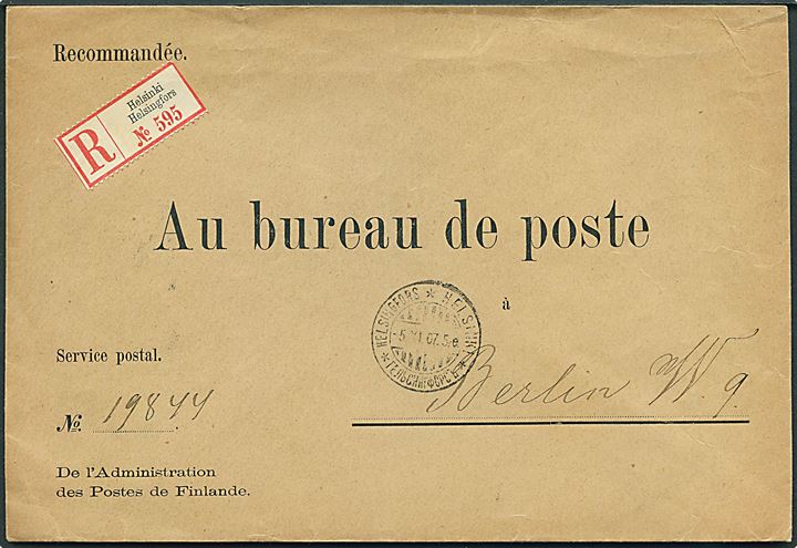 Ufrankeret fortrykt international postsagskuvert fra Helsingfors d. 5.11.1907 til Berlin, Tyskland. På bagsiden 2-sproget lukkeoblat fra Post-Styrelsen i Finland.
