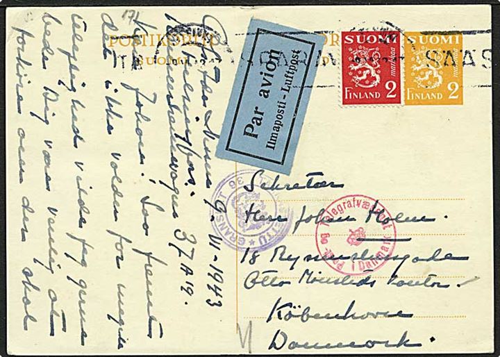 2 mk. helsagsbrevkort opfrankeret med 2 mk. Løve udg. sendt med luftpost fra Helsingfors d. 9.6.1943 til København, Danmark. Både finsk og dansk censur.