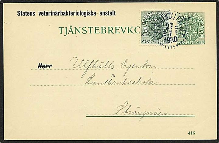 5 öre Tjenestebrevkort opfrankeret med 5 öre Tjenestemærke fra Statens veterinarbakteriologiska anstalt stemplet Experimentalfältet d. 27.7.1920 til Strängnäs.