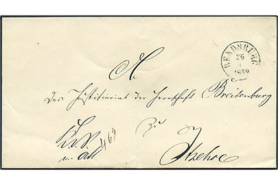 1859. Ufrankeret tjenestebrev mærket K.d.S.m.Att. 463 med antiqua Rendsburg d. 26.9.1859 til Itzehoe. 