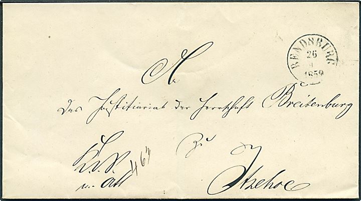 1859. Ufrankeret tjenestebrev mærket K.d.S.m.Att. 463 med antiqua Rendsburg d. 26.9.1859 til Itzehoe. 