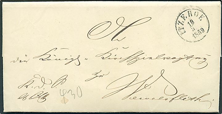 1859. Ufrankeret tjenestebrev mærket K.d.S.m.Att. 430 fra Steinburg med antiqua Itzehoe d. 18.3.1859 til Wewelsfelth. Fuldt indhold og laksegl fra Steinburg på bagsiden.