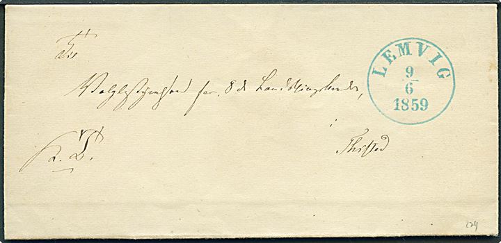 1859. Ufrankeret tjenestebrev mærket K.T. dateret Hygum Præstegaard d. 5.6.1859 med BLÅT antiqua Lemvig d. 9.6.1859 til Valgbestyrelsen for 8de Landtingskreds i Thisted. Fuldt indhold.
