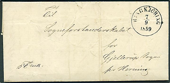 1859. Ufrankeret tjenestebrev mærket K.T.m.A. med antiqua Ringkjöbing d. 7.9.1859 til Gjellerup Sogn pr. Herning.