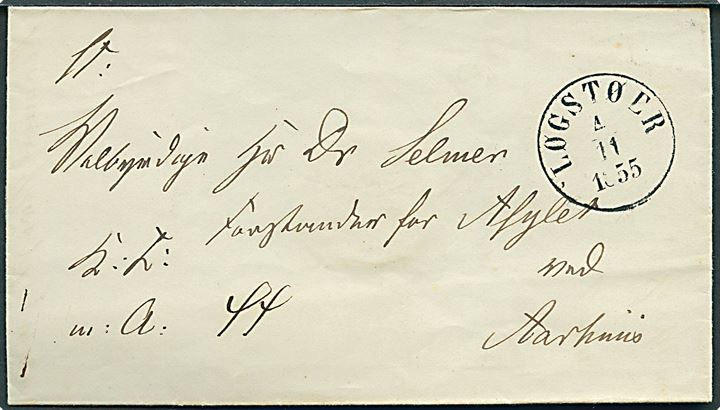 1855. Ufrankeret tjenestebrev mærket K.T.m.A. 44 dateret Ranum Præstegaard d. 3.11.1855 med antiqua Løgstør d. 4.11.1855 til Dr. Selmer, Forstander for Asylet ved Aarhus. 