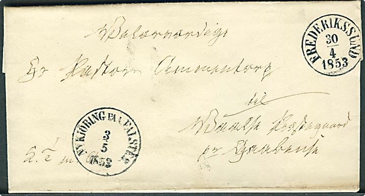 1853. Ufrankeret tjenestebrev mærket K.T.m.A. dateret i Slangerup d. 30.4.1853 med antiqua Frederikssund d. 30.4.1853 via Nykjöbing paa Falster d. 3.5.1853 til Waalse Præstegaard pr. Gaabense. Fuldt indhold. Slangerup fik først eget stempel pr. 3.1.1854.