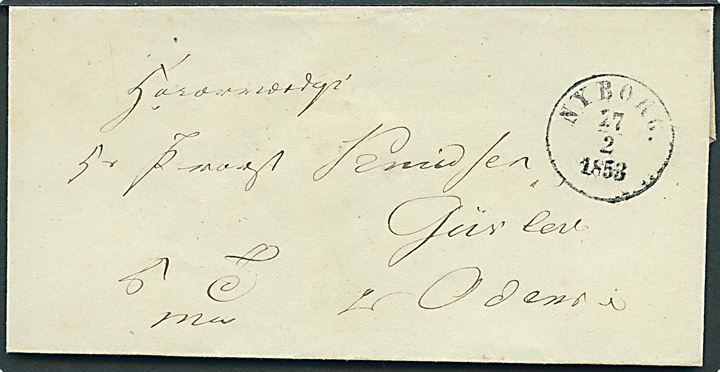 1853. Ufrankeret tjenestebrev mærket K.T.m.A. med antiqua Nyborg d. 27.2.1853 til Gislev pr. Odense.