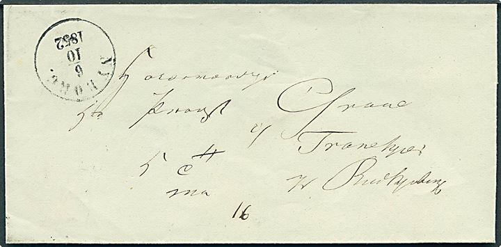 1852. Ufrankeret tjenestebrev mærket K.T.m.a. 16 med antiqua Nyborg d. 6.10.1852 til Tranekjær pr. Rudkjøbing på Langeland.