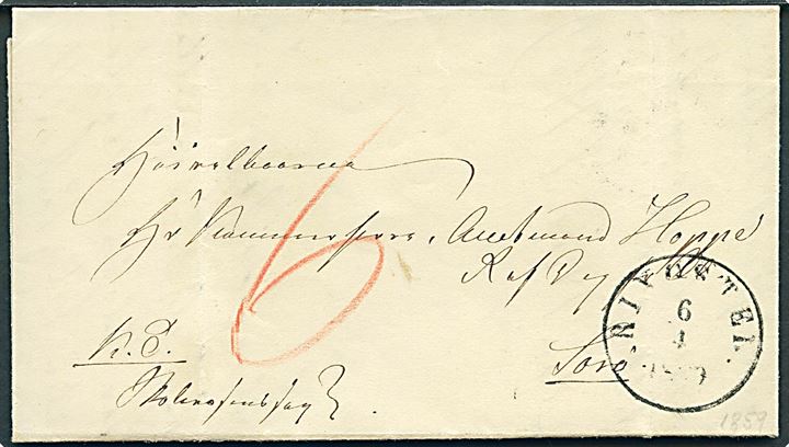 1859. Ufrankeret tjenestebrev mærket K.T. Skolevæsenssag med antiqua Ringsted d. 6.4.1859 til Sorø. Påskrevet 6 sk. porto.