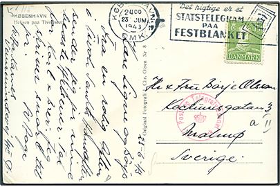 15 øre Chr. X på brevkort fra København d. 23.6.1943 til Malmö, Sverige. Dansk censur og spor efter kemisk censur. 