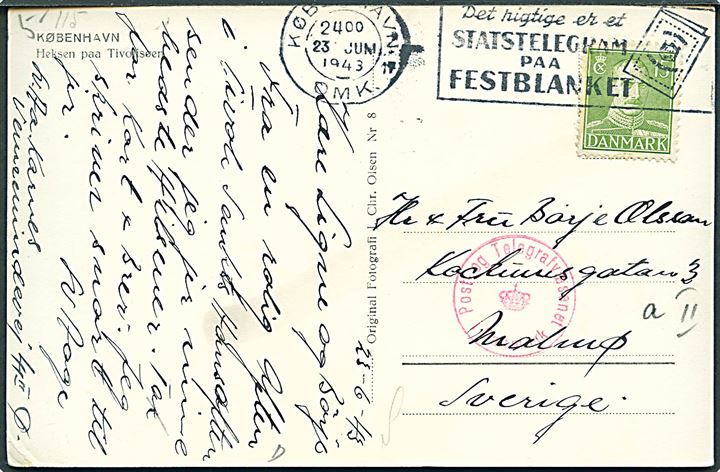 15 øre Chr. X på brevkort fra København d. 23.6.1943 til Malmö, Sverige. Dansk censur og spor efter kemisk censur. 