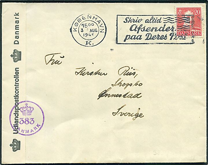 20 øre Chr. X på brev fra København d. 3.8.1945 til Önnestad, Sverige. Dansk efterkrigscensur (krone)/383/Danmark.