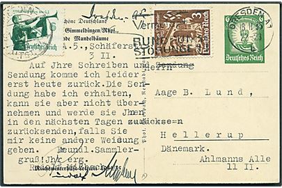 6 pfg. illustreret Reichswinterhilfe-Lotterie helsagsbrevkort opfrankeret med 9 pfg. fra Dresden d. 18.2.1935 til Hellerup, Danmark.