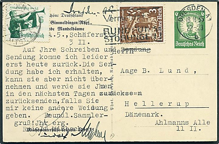 6 pfg. illustreret Reichswinterhilfe-Lotterie helsagsbrevkort opfrankeret med 9 pfg. fra Dresden d. 18.2.1935 til Hellerup, Danmark.