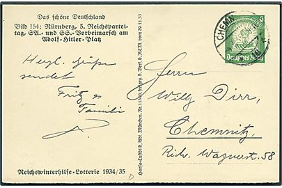 6 pfg. illustreret Reichswinterhilfe-Lotterie helsagsbrevkort sendt lokalt i Chemnitz d. 4.3.1935.