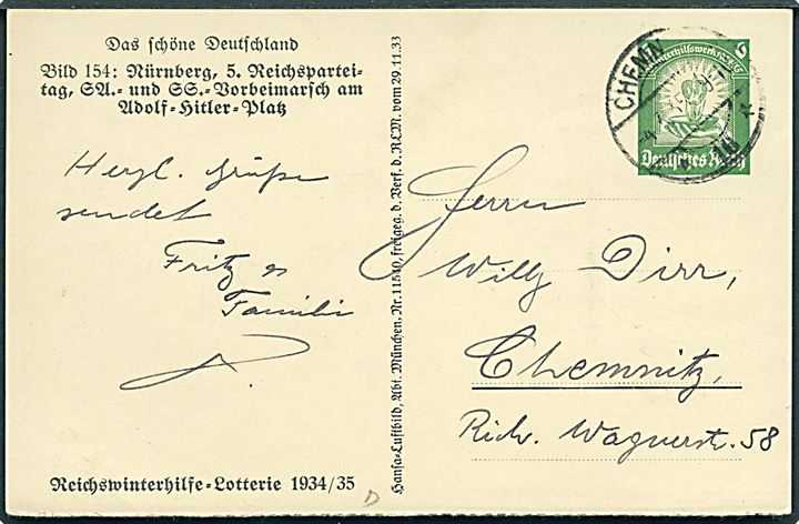 6 pfg. illustreret Reichswinterhilfe-Lotterie helsagsbrevkort sendt lokalt i Chemnitz d. 4.3.1935.