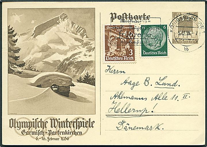 6+4 pfg. Vinter-Olympiade helsagsbrevkort opfrankeret med 9 pfg. fra Königsberg d. 5.12.1935 til Hellerup, Danmark.