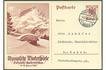 15+10 pfg. Illustreret Vinter-Olympiade helsagsbrevkort fra Oberkirch d. 5.12.1935 til Baden Baden.