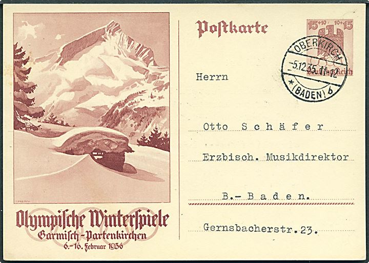 15+10 pfg. Illustreret Vinter-Olympiade helsagsbrevkort fra Oberkirch d. 5.12.1935 til Baden Baden.