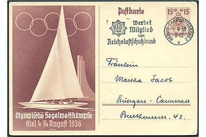 15+10 pfg. Sommer-Olympiade illustreret helsagsbrevkort fra Berlin d. 2.9.1936 til Cannstadt.