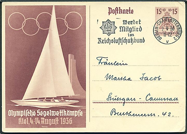 15+10 pfg. Sommer-Olympiade illustreret helsagsbrevkort fra Berlin d. 2.9.1936 til Cannstadt.